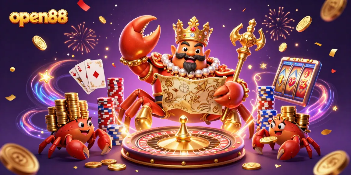 Join the excitement at open88 with a 3D illustration of a golden crab emperor amidst a vibrant casino scene.