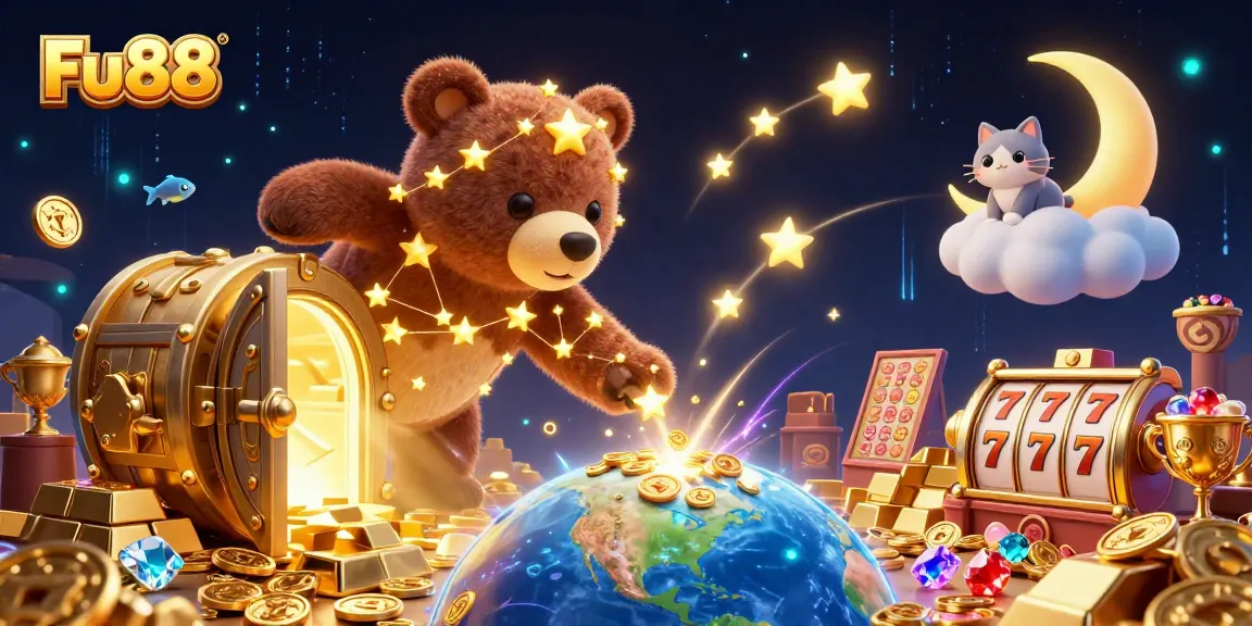 Engage in thrilling slots at Fu88, surrounded by vibrant treasures and dynamic characters.