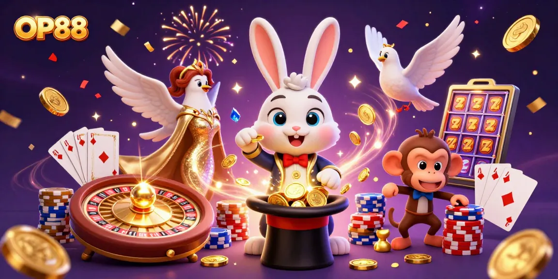 OP88's dynamic casino scene with a magician, dove, and monkey amid coins and poker chips.