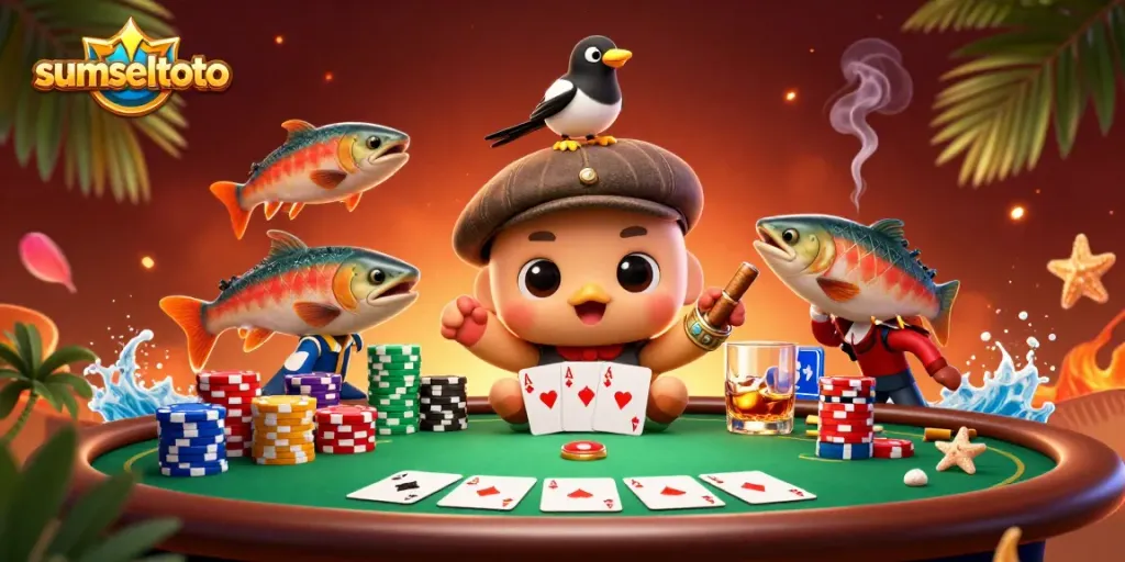 Sumseltoto showcases a vibrant 3D casino scene with cartoon characters and poker elements.