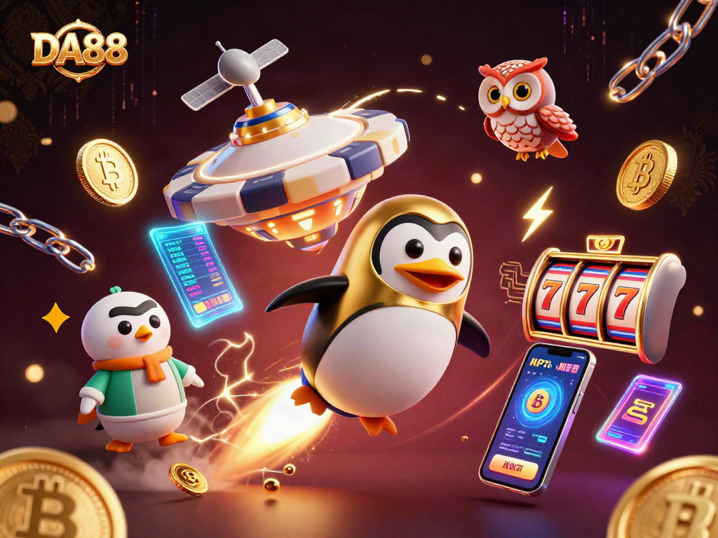 DA88 themed 3D illustration with a golden penguin, casino elements, and digital currency motifs.