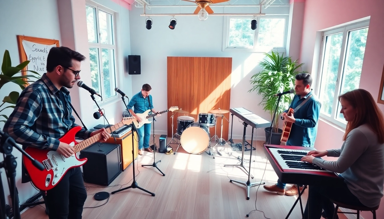 汽水音乐 充满活力的音乐创作场景，展示音乐家和乐器的氛围。