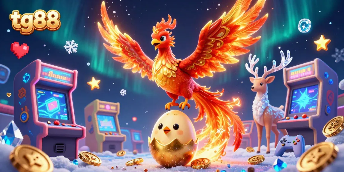 Tg88 elevates your gaming experience with vibrant casino scenes featuring a phoenix, arcade games, and golden treasures.