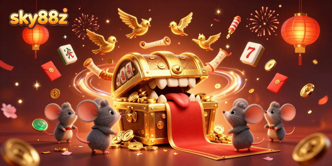 Engage with sky88z's thrilling adventure: treasure chest mimic lures mice amid striking casino elements.