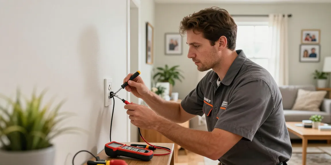 Local electrician performing electrical repair Stevens Point, focused on wall outlet with tools in modern living room.