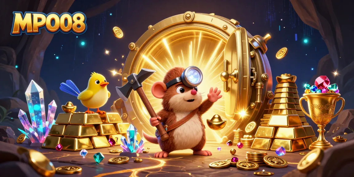 MPO08 promotes interactive slots adventures with a treasure hunter mole, shining gems, and vibrant casino elements.