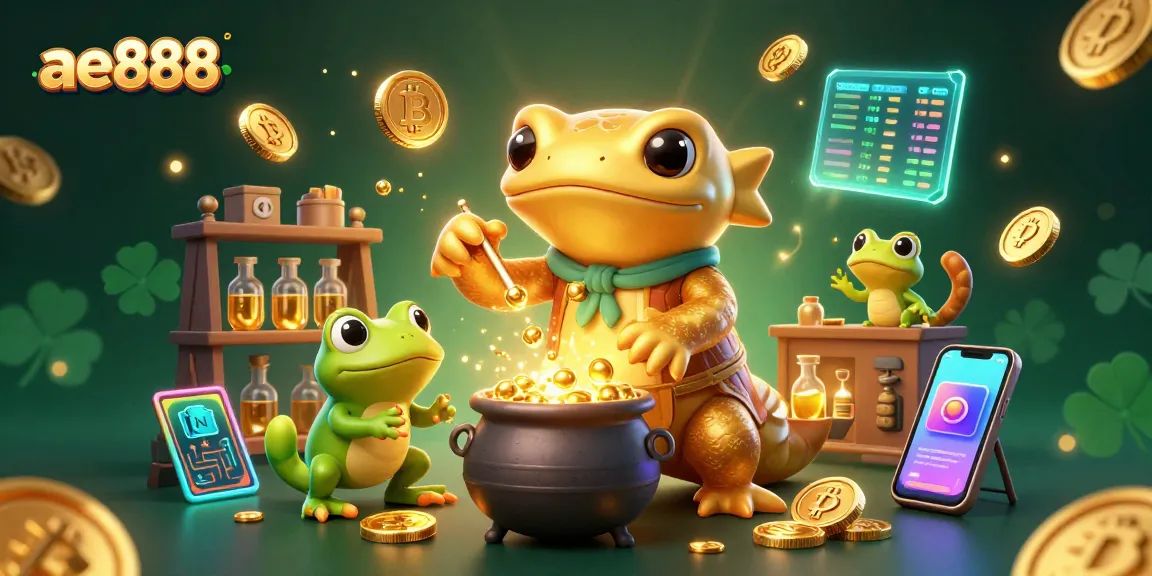 Experience ae888 with a vibrant 3D illustration featuring an alchemist and crypto elements.