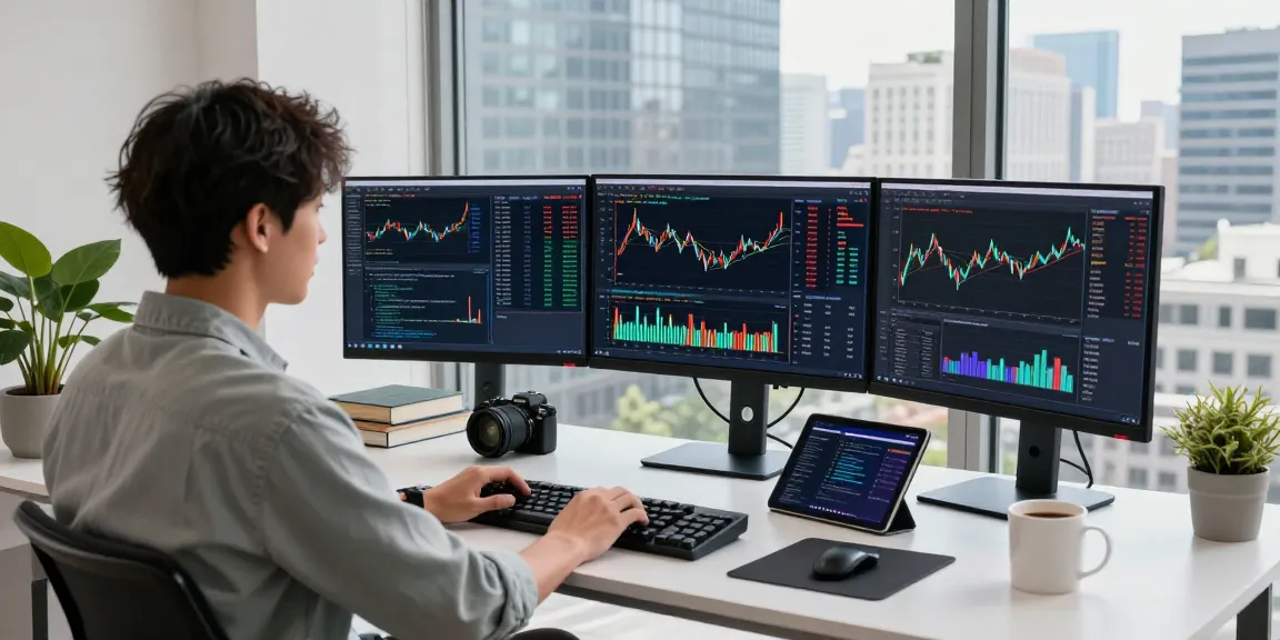 Developer analyzing TWSE exchange data feed on multiple monitors in a modern workspace.