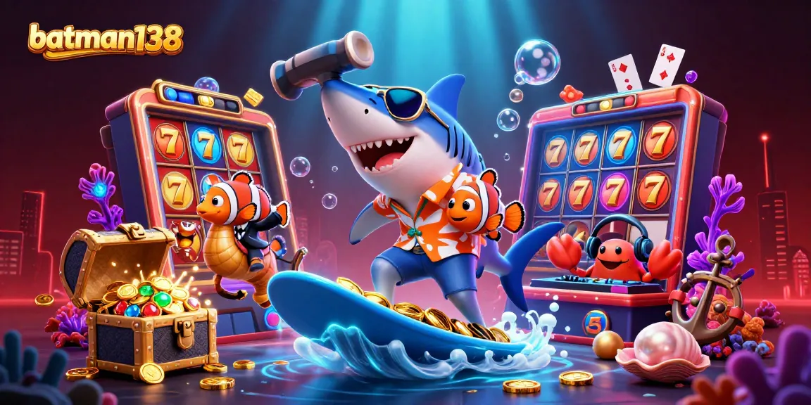 Experience batman138 with thrilling slots as an animated shark dives into gold coins.