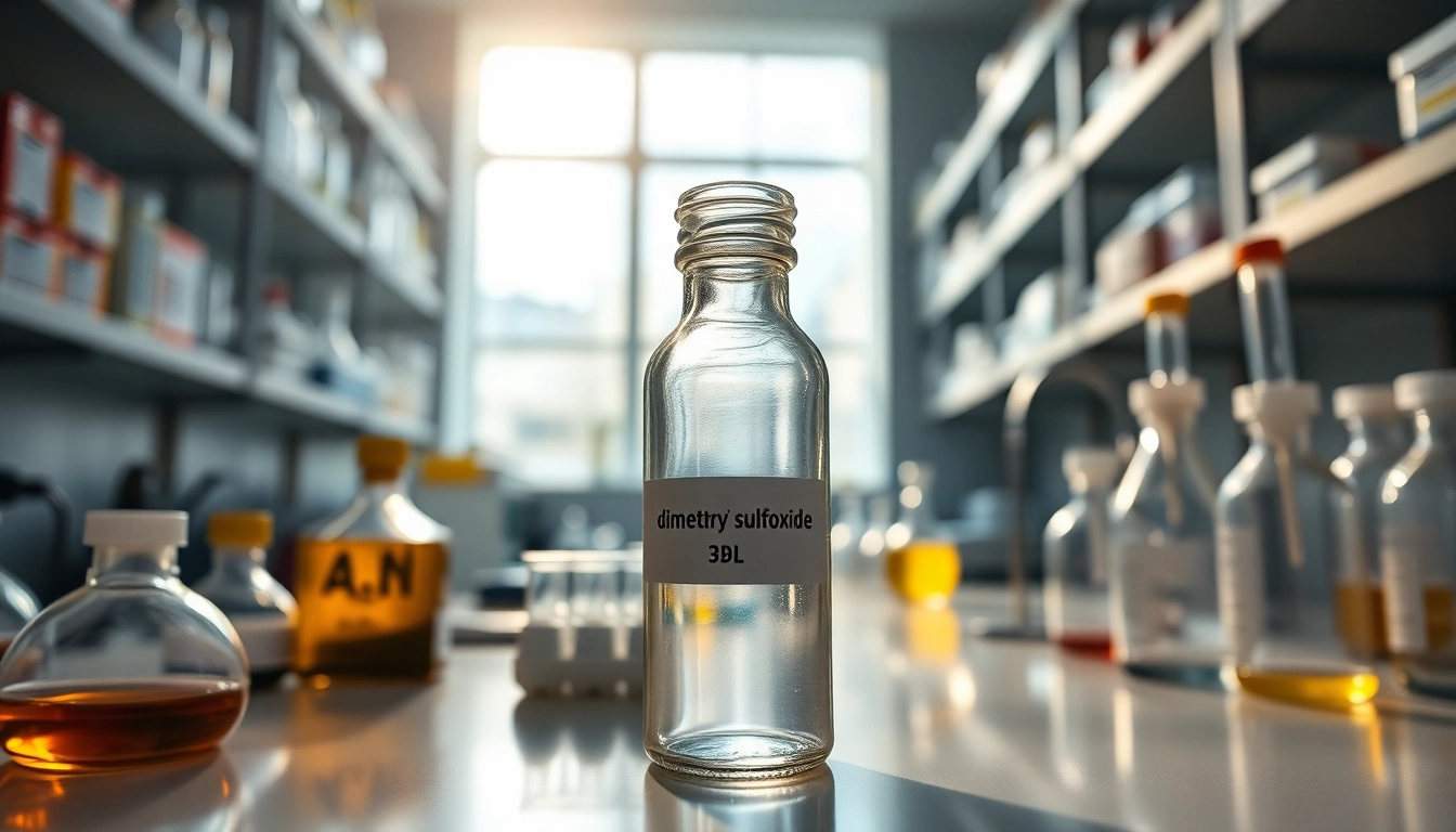 Explore dimethyl sulfoxide in a bright laboratory, highlighting its uses and applications.