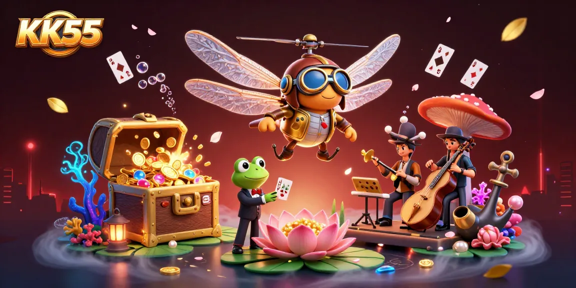KK55 invites gamers to win with a lively casino scene of a dragonfly pilot, frog croupier, and jazz musicians.