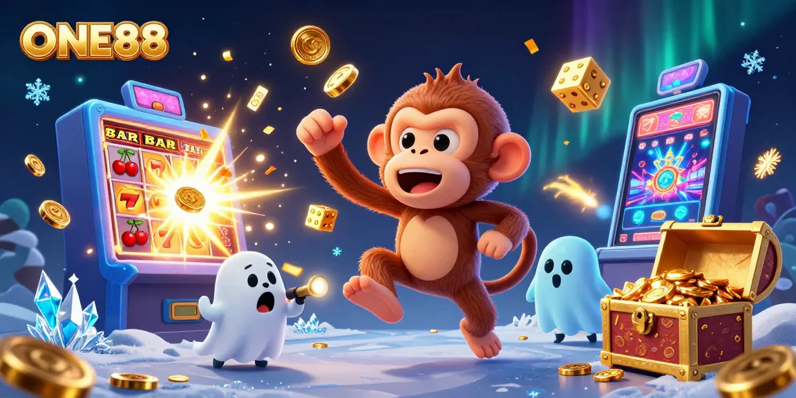ONE88 showcases a fun casino scene with a mischievous poltergeist monkey and a curious puppy exploring vibrant gaming elements.