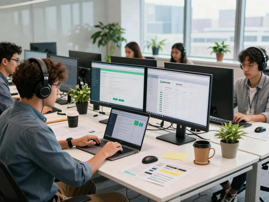 Developers collaborating in a modern workspace on gbwhatsapp features and analytics, showcasing teamwork and innovation.