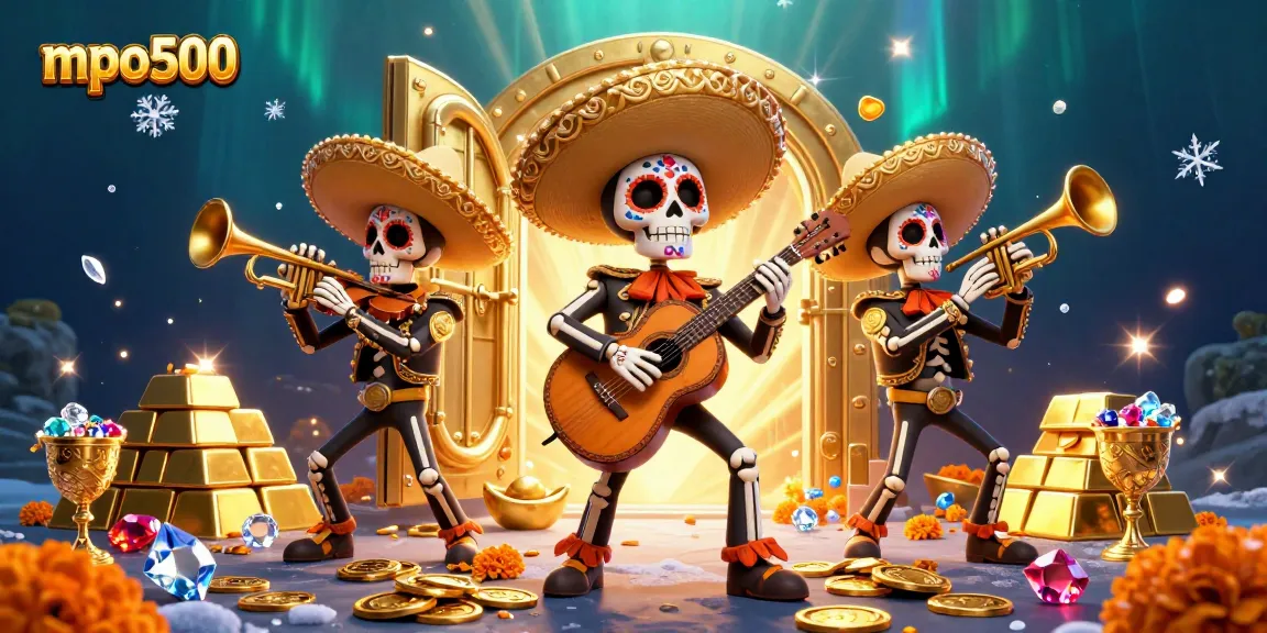 MPO500 showcases a vibrant scene with colorful mariachi characters amidst sparkling gold and gems in an energetic casino atmosphere.