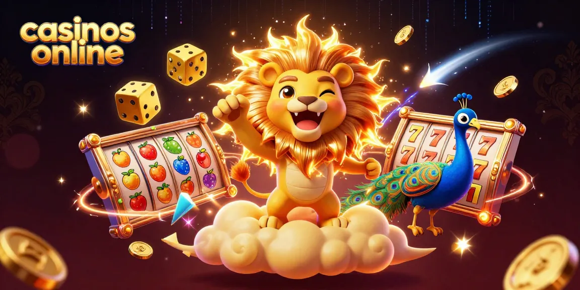 Disfruta de casinos online con un león majestuoso y símbolos de tragamonedas resplandecientes.