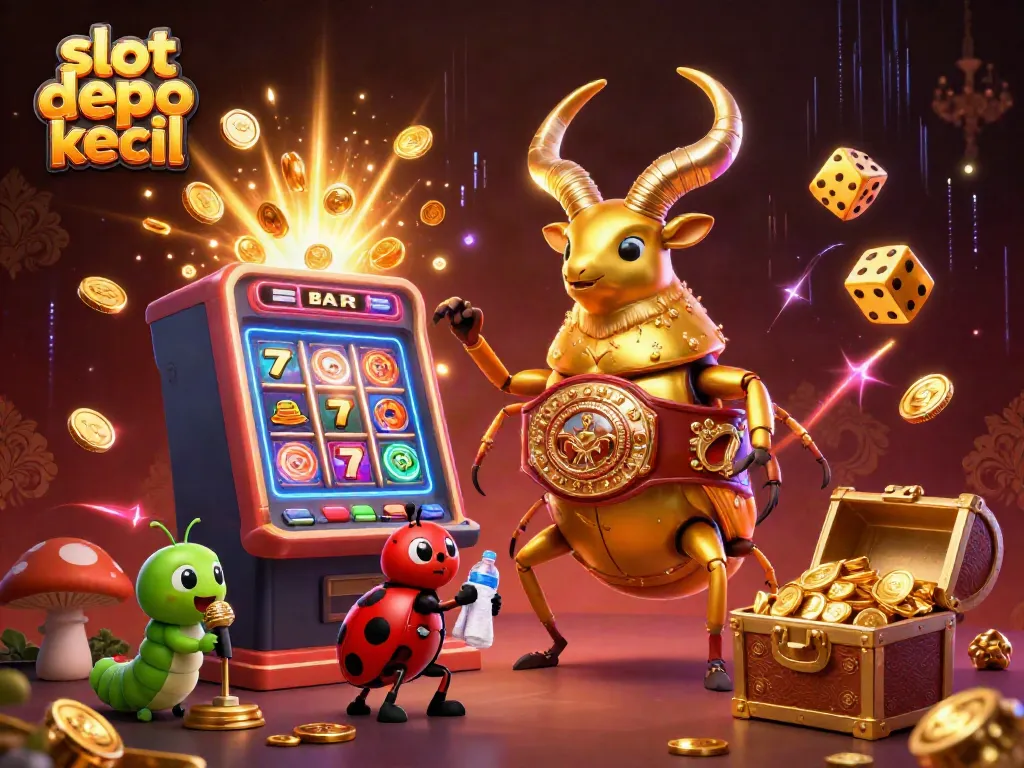 Experience the thrill of slot depo kecil with a dynamic 3D scene featuring a golden stag beetle champion.