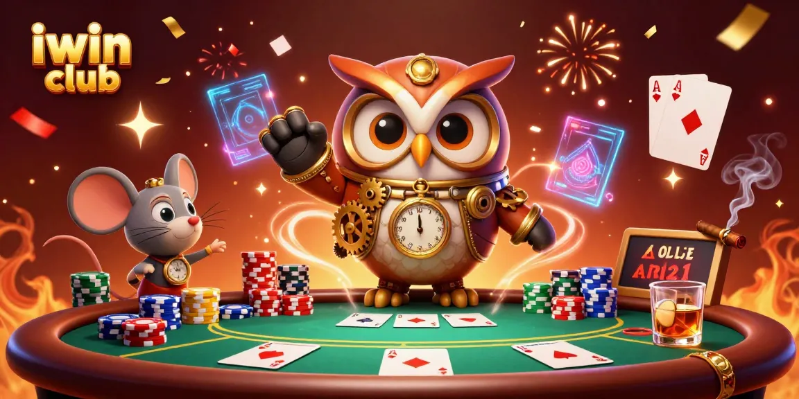 Experience excitement at iwin club with a steampunk owl and poker elements in a vibrant casino scene.