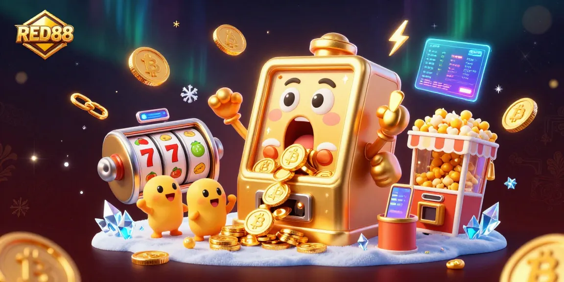 Experience the thrill of winning with RED88's stunning slot machine jackpot scene filled with crypto coins and excitement.
