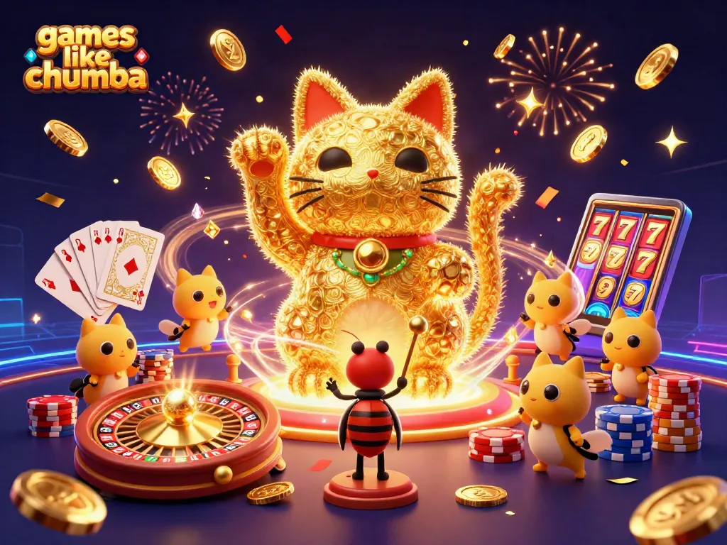 Play exciting games like chumba with a vibrant 3D casino illustration featuring a lucky cat and golden symbols.