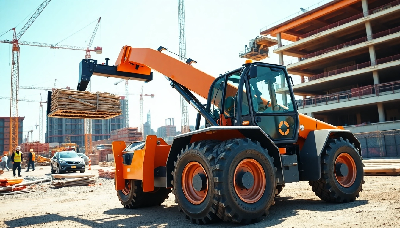 Telehandler lifting materials on a busy construction site with rugged design.