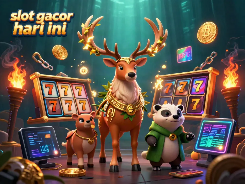 Engaging scene of slot gacor hari ini featuring Celtic druid stag, wise badger, and vibrant gaming elements.