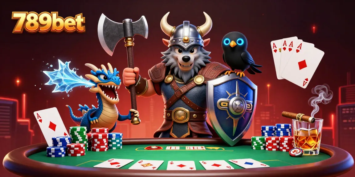 Join the action at 789bet with this vibrant 3D illustration featuring a Viking warrior and poker elements.