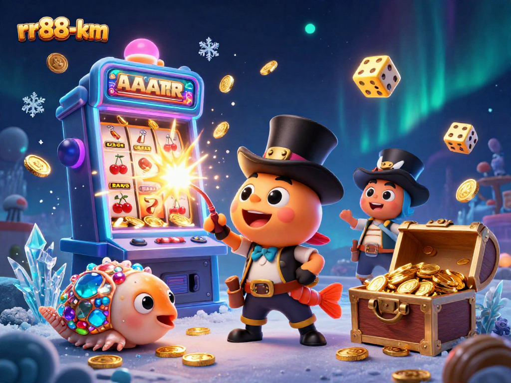 rr88-km enhances the thrill with a vibrant 3D casino scene featuring slot machines, glowing coins, and magical sea creatures.