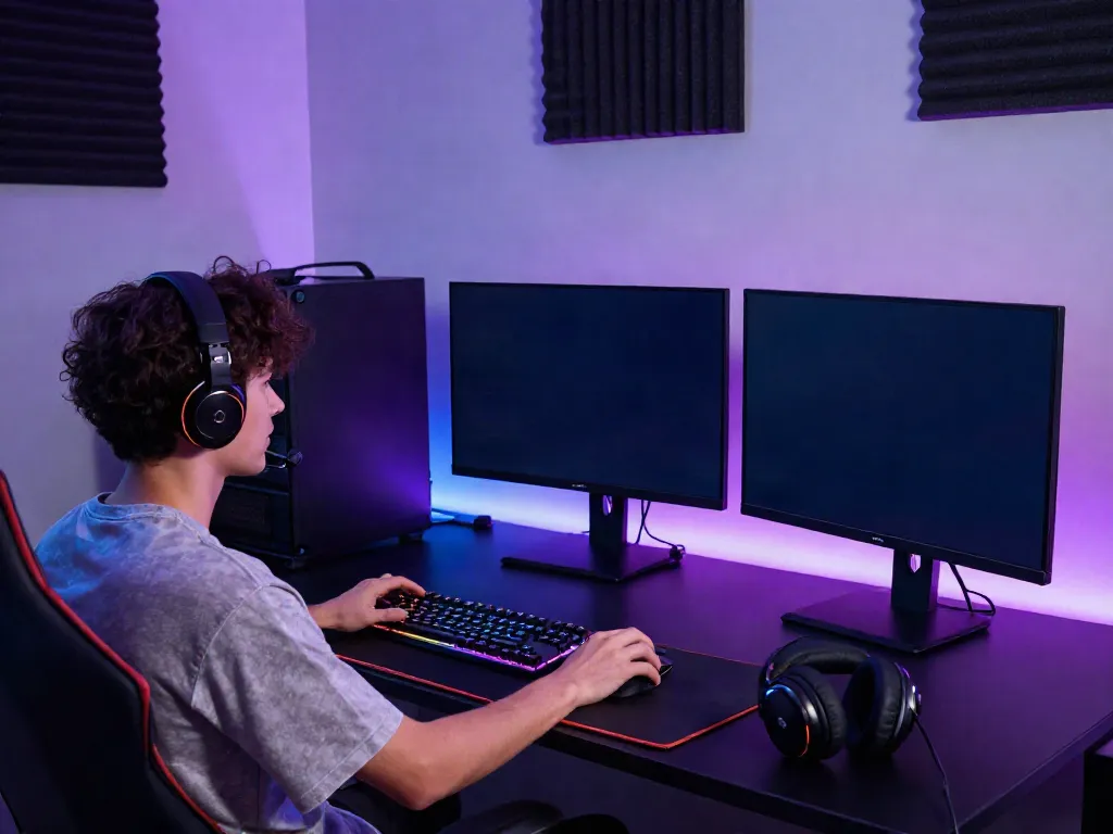 Gamer engaged in intense gameplay at a stylish gaming setup with qqmacan link displayed on screens.