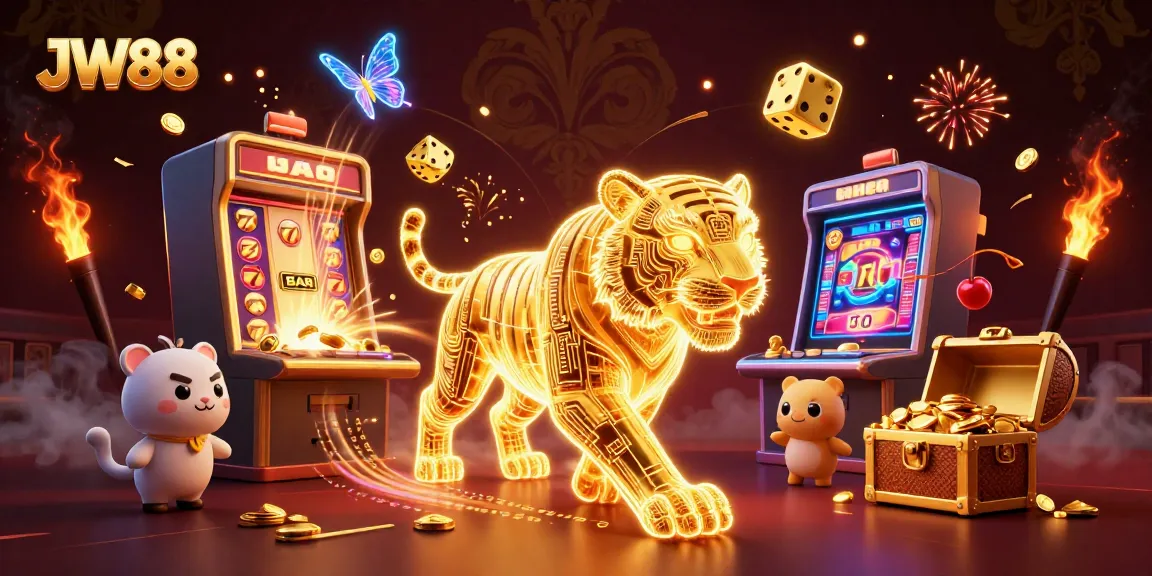 Experience exciting gameplay at JW88 with the neon tiger and thrilling slot machine jackpot!