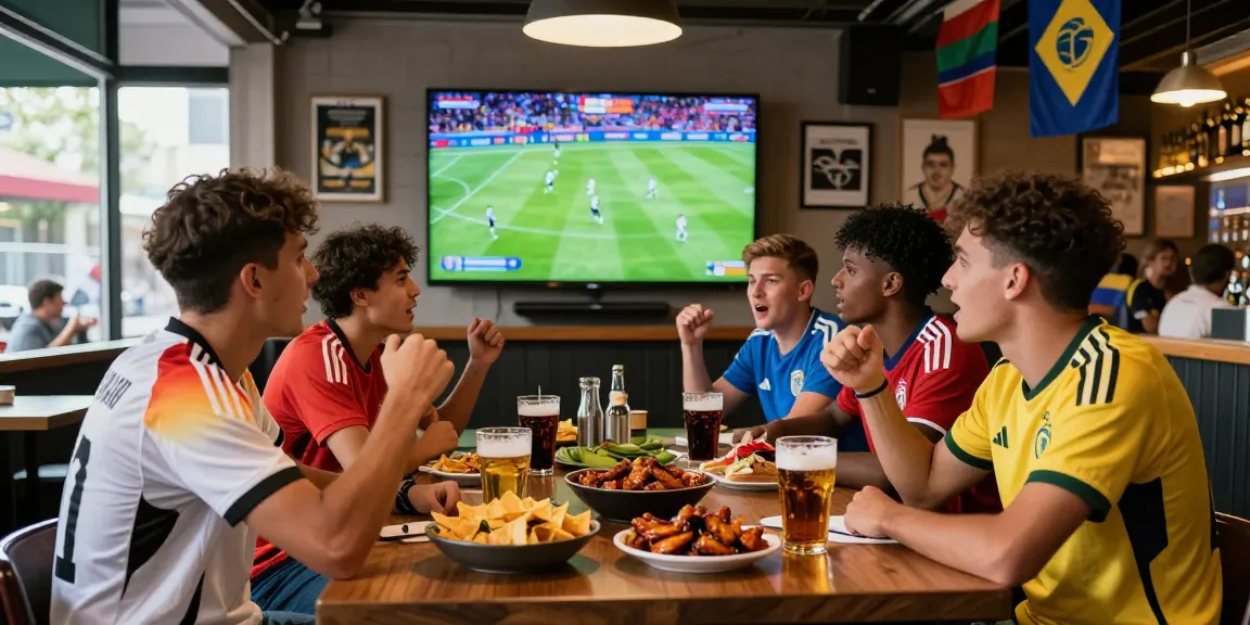 Thefappening fans celebrating a live match in a vibrant sports bar with jerseys and snacks