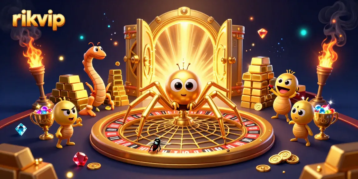 Experience rikvip gaming with a golden spider spinning a roulette wheel while a nervous fly bets.