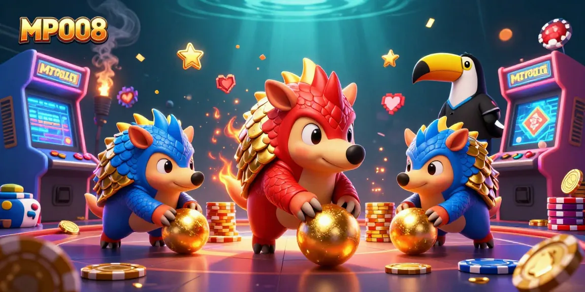 MPO08 showcases rival pangolins in a dynamic casino scene, bowling through poker chips.
