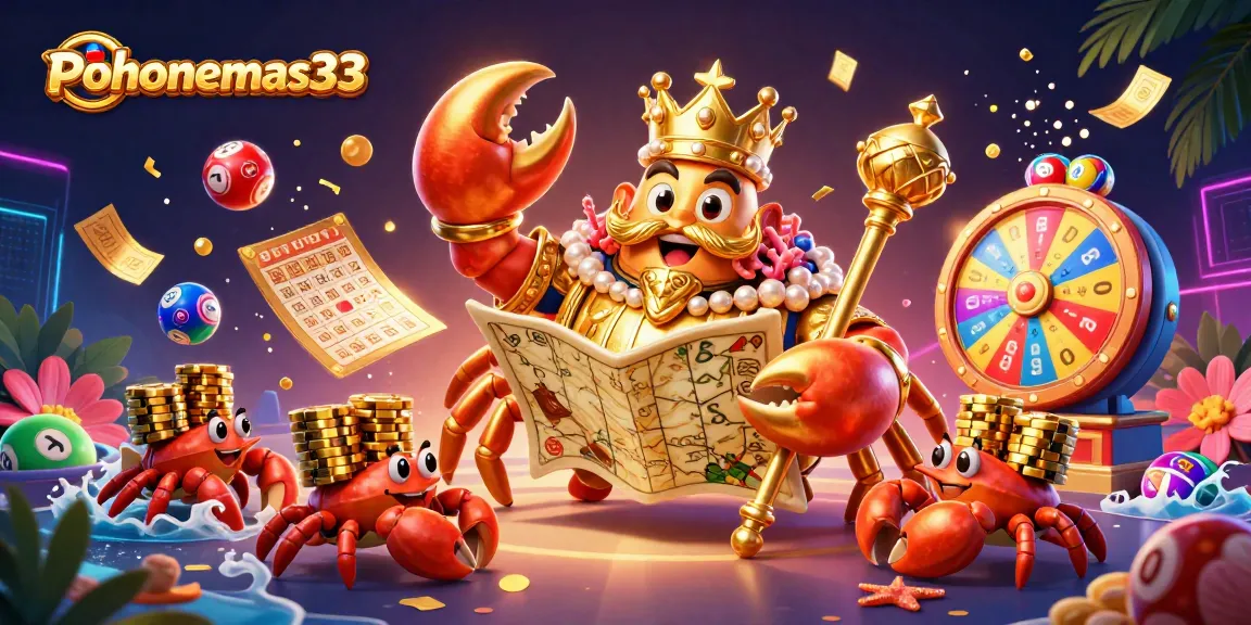 Pohonemas33 showcases a vibrant casino scene with a golden crab emperor amidst animated gaming elements.