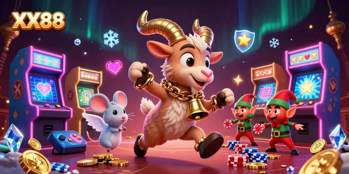Engage in thrilling moments at XX88 casino featuring festive characters amidst vibrant gaming elements.