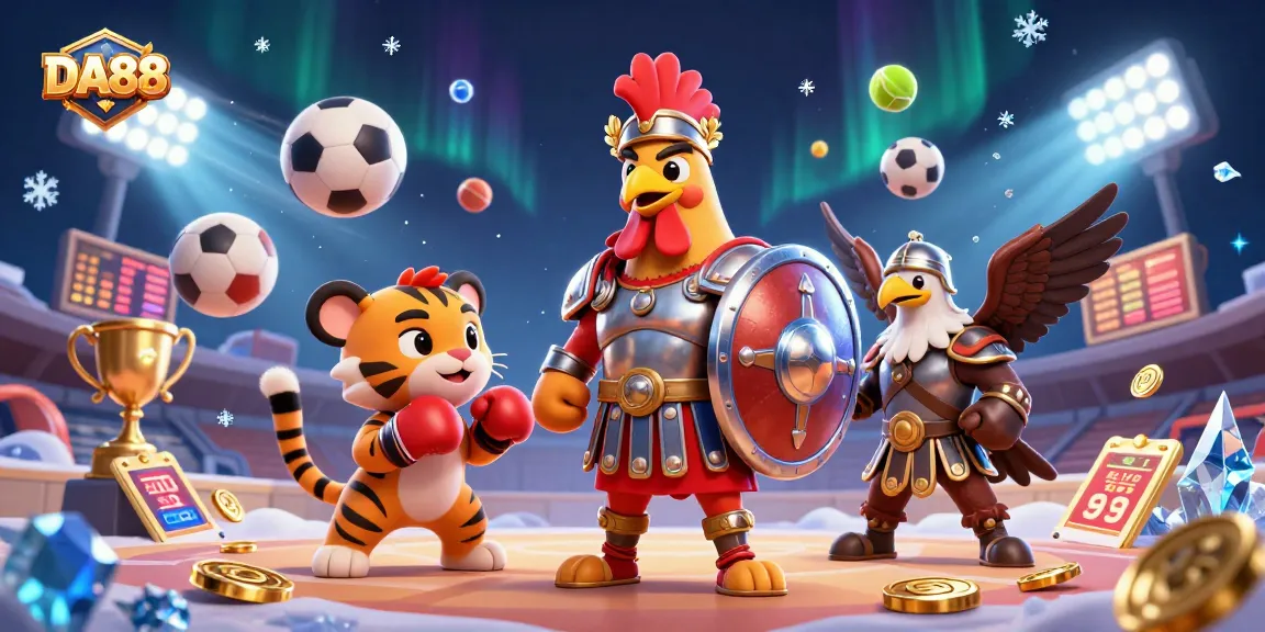 DA88 showcases a vibrant gambling arena with dynamic sports betting elements and heroic characters.