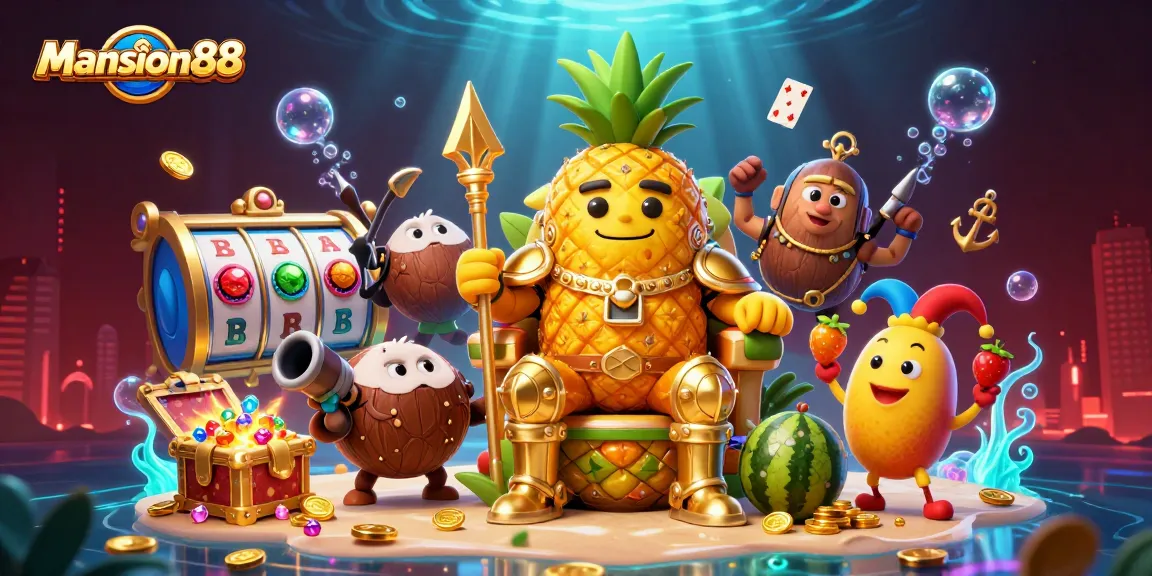 Engage in thrilling action with Mansion88, featuring vibrant casino elements and energetic cartoon characters.