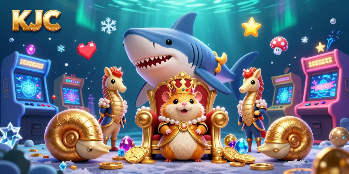 KJC: Experience the vibrant world of online gaming with the Golden Hamster King in a lively arcade-themed scene.