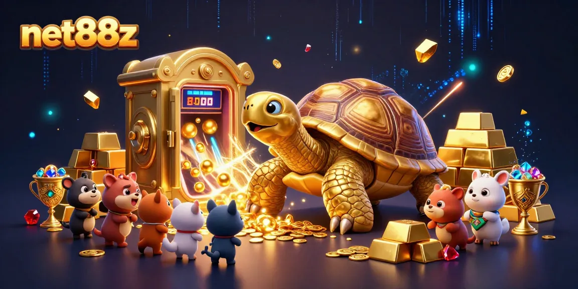 Engage with net88z's vibrant 3D casino scene featuring a golden tortoise pinball machine among treasures.