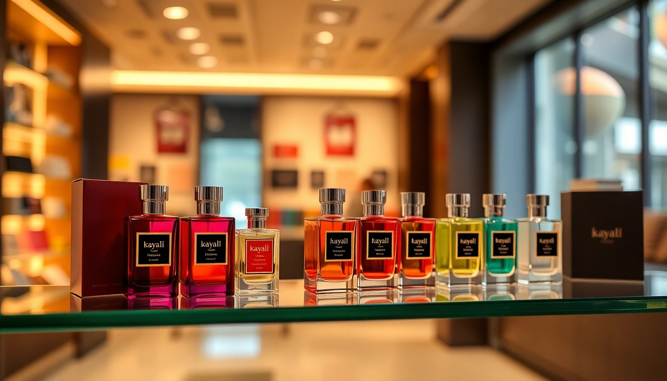 Engaging display of kayali samples showcasing luxurious fragrances in a warm, inviting retail environment.