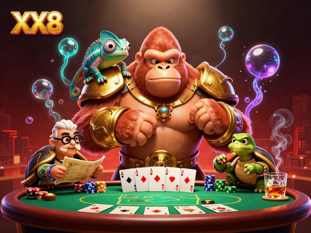 Experience the excitement of XX8 with a colorful casino scene featuring characters engaging in poker and gambling.