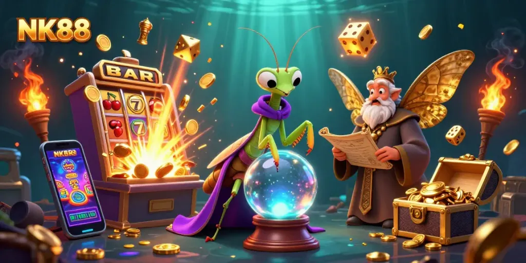 Winning strategies in NK88 with a cartoon fortune teller and vibrant casino elements showcasing slot excitement.