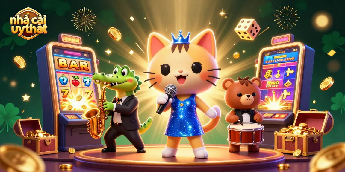 Engage with the vibrant scene showcasing a jazz-singer cat and friends celebrating at an online casino, promoting nhà cái uy tín.