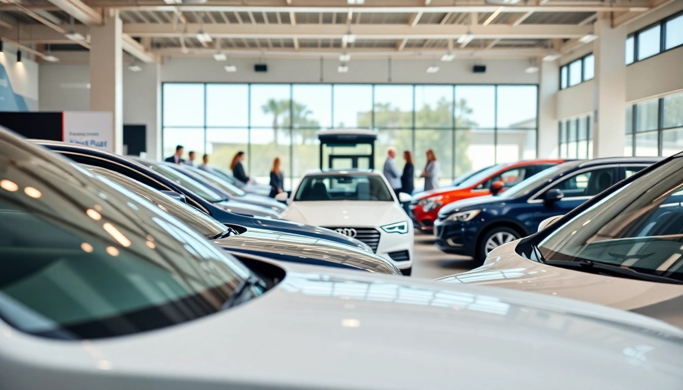 Buy New Car in a vibrant dealership, showcasing diverse models and friendly interactions.