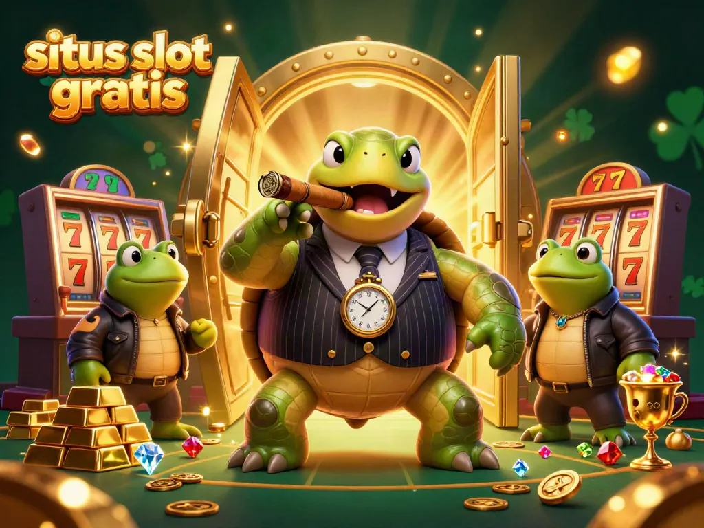 Experience the thrill of situs slot gratis with a fun illustration featuring a turtle mobster and bullfrog enforcers.