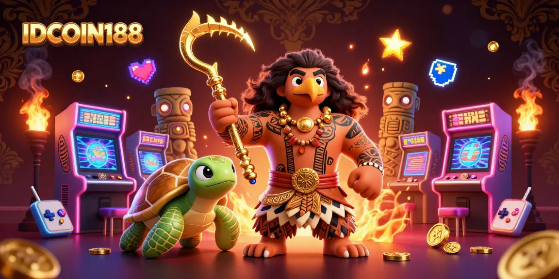 IDCOIN188 showcases a vibrant 3D casino scene featuring a Maui-style demigod, turtle sidekick, and gaming elements.