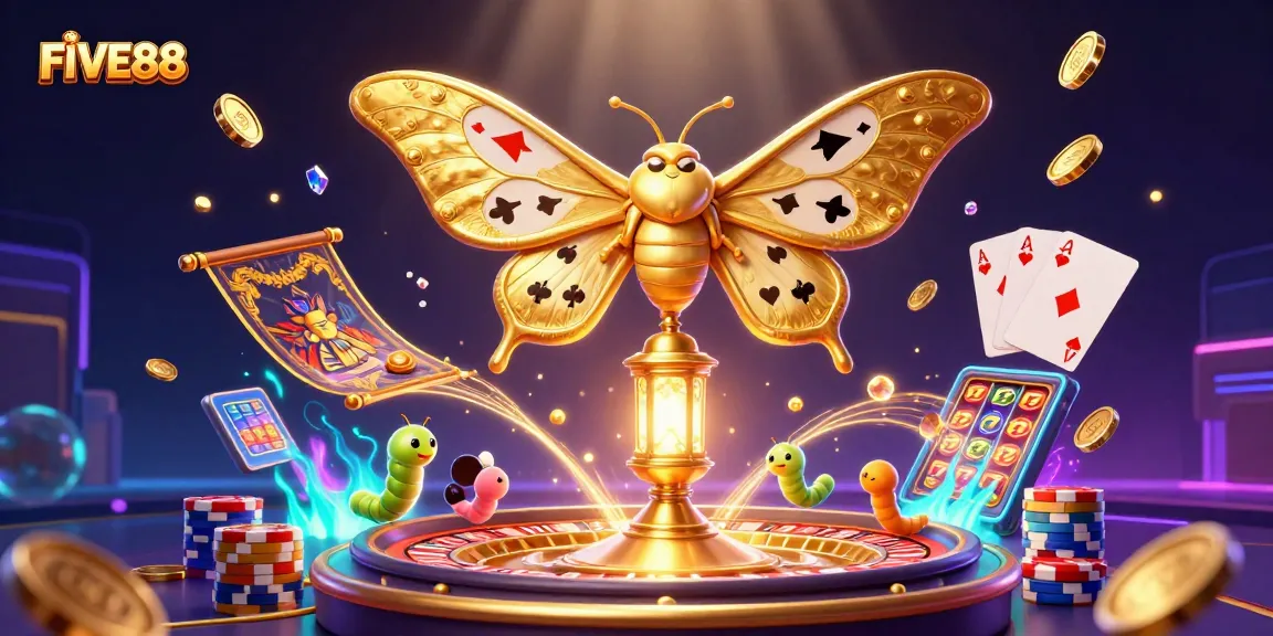 Experience the thrill of gaming with FIVE88, featuring a vibrant 3D scene of casino elements.