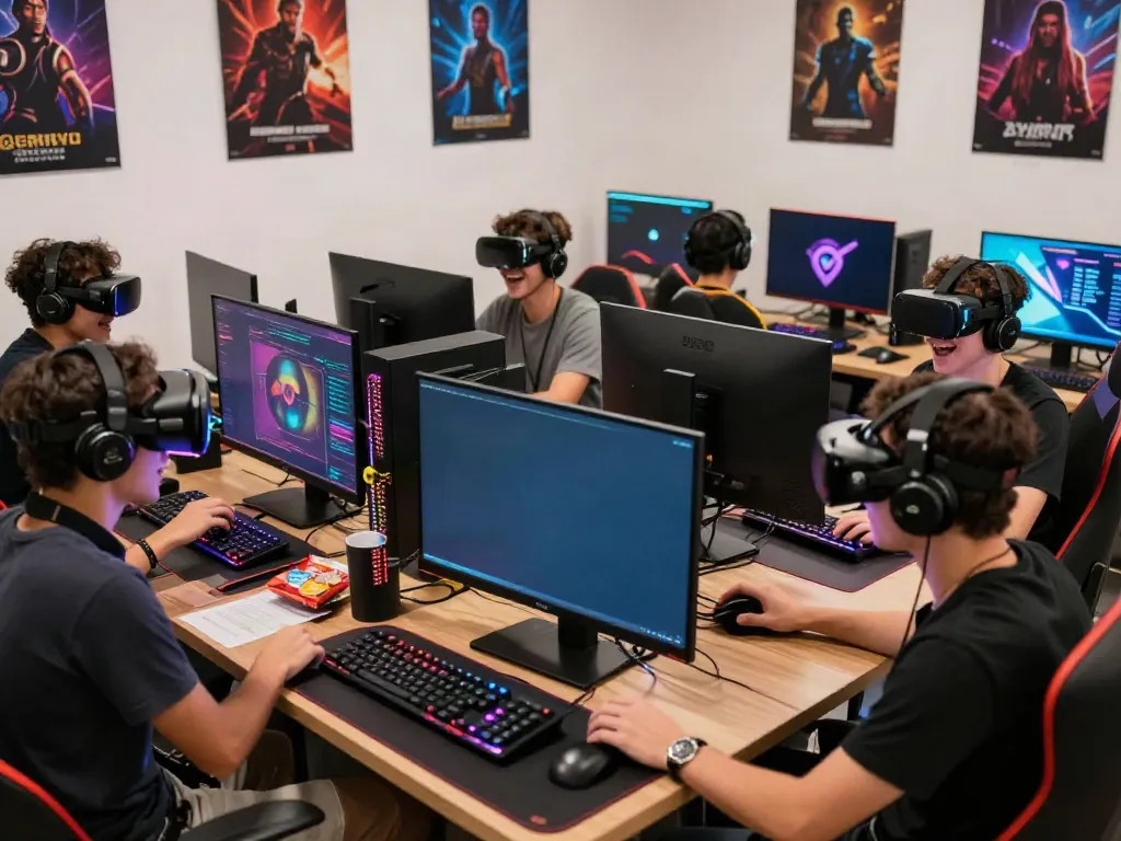 Engaging online gaming session at Bro138 with players using high-tech setups, showcasing the vibrant digital-first experience.