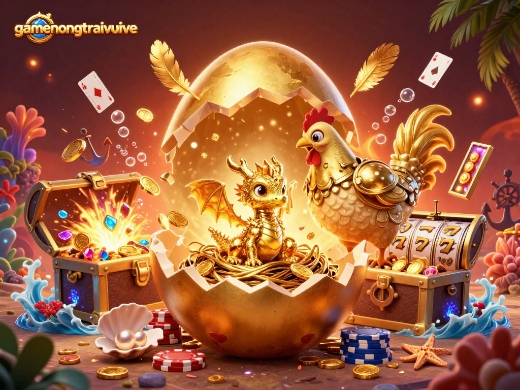 Experience gamenongtraivuive with a thrilling 3D scene of gambling excitement and mythical rewards.