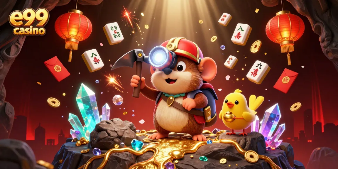 Experience excitement at e99 casino with our vibrant 3D illustration of a treasure hunter mole in a mystical cave.