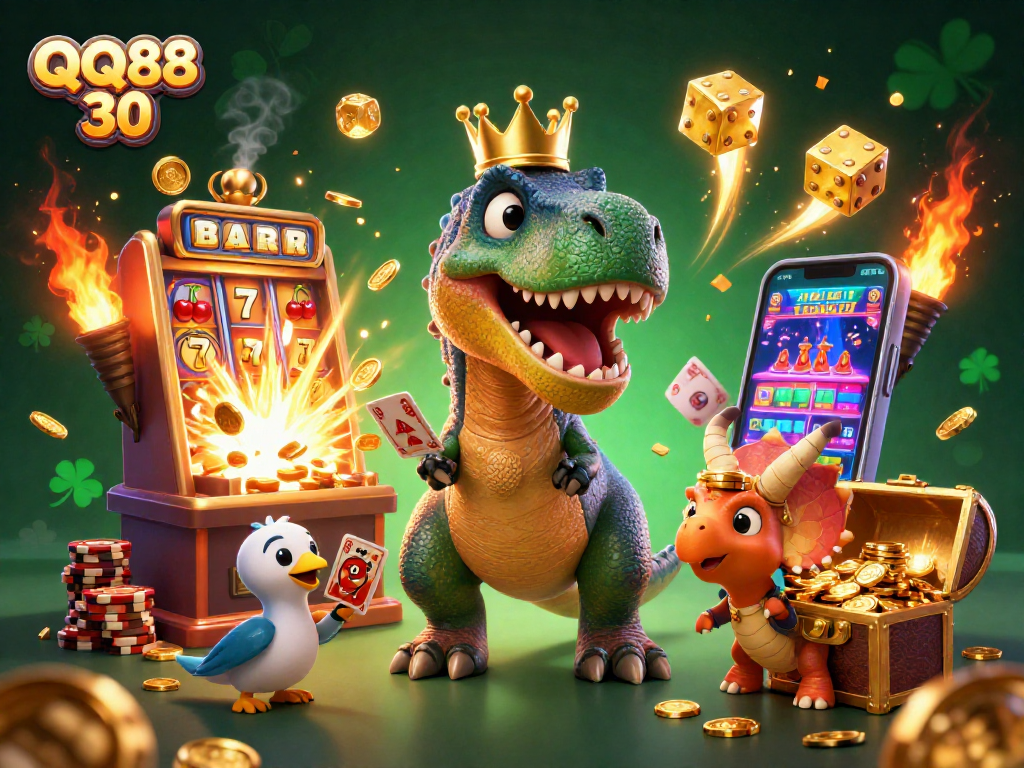 Engage in thrilling gaming at QQ88 30 with festive characters and vibrant casino elements featuring fun 3D designs.